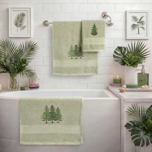 3 Pcs Rustic Pine Trees Bathroom Towel Set Farmhouse Embroidered Pine Trees Towels Vintage Decorative 100% Cotton Bath Towel Highly Absorbent Elegant Summer Decor Set for Bathroom