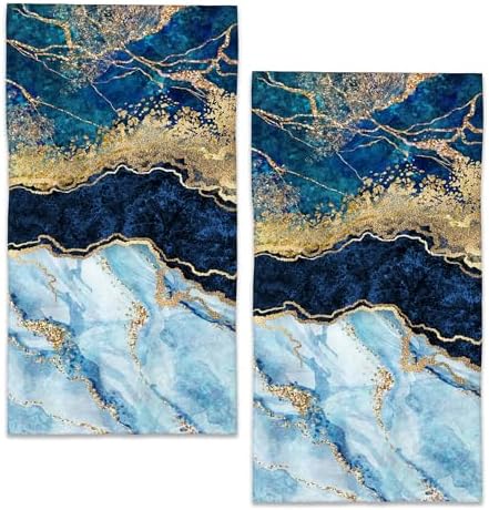 White Blue Gold Marble Hand Towels for Bathroom, Abstract Bath Towel Set of 2 Soft Kitchen Tea Dish Towels Decorative Fingertip Towels for Guest Gym Spa 14"x28"