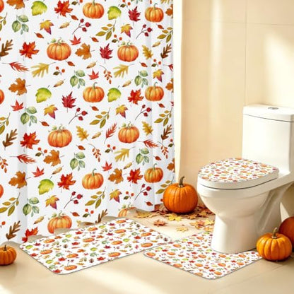 MEHOFOND Fall Shower Curtain Set 4-Piece Thanksgiving Decor Bathroom Set