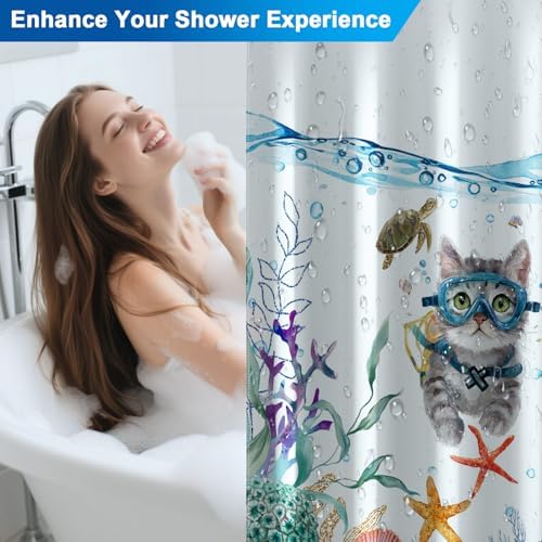 Ocean Theme Waterproof Fabric Shower Curtain with Weighted Hem, Funny Diving Cat Cute Shower Curtain with 12 Hooks and Grommets, Machine Washable Bathroom Shower Curtains, 72x72 Inches