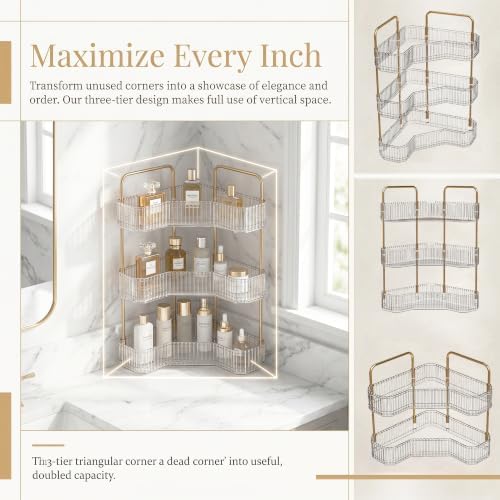 3-Tier Corner Bathroom Organizer, Skincare Vanity Counter Shelf Clear