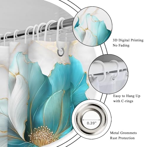Riyidecor Teal Gold Marble Floral Shower Curtain for Bathroom Decor 60Wx72H Modern Turquoise Ombre Flower Abstract Luxury Minimalist Art Printed Fabric Polyester Waterproof 12 Pack Plastic Hooks
