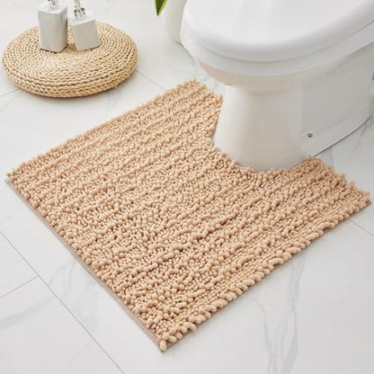 Disolla Toilet Rug 24x24 Inch - Beige U-Shaped Bathroom Floor Mat, Soft Shaggy Plush Absorbent Chenille Contour Rug, Non-Slip Washable Pedestal Base Rug