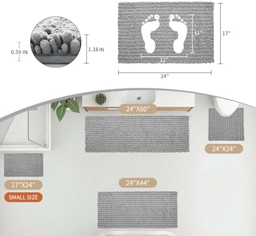 Disolla Small Bath Mat 17x24 Inch - Chenille Grey Bathroom Rug, Extra Soft Absorbent Plush Shaggy Bathmat, Non-Slip Machine Washable Floor Mat for Shower, Tub and Sink
