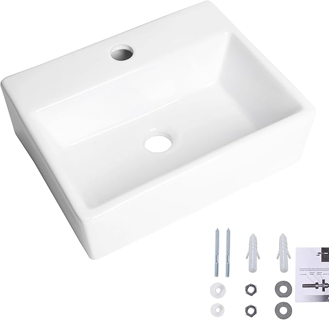 Wall Mounted Bathroom Vessel Sink, QISHKA 15" X 12" Rectangular Floating Ceramic Wash Hand Basin White Wall Hung Vanity Sink for Bathroom and Cloakroom