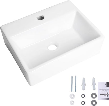 Wall Mounted Bathroom Vessel Sink, QISHKA 15" X 12" Rectangular Floating Ceramic Wash Hand Basin White Wall Hung Vanity Sink for Bathroom and Cloakroom