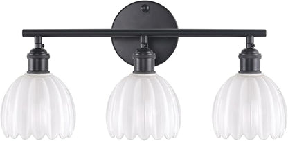 Bathroom Light Fixtures, 3-Light Black Vanity wall Light Over Mirror with White Tulip Glass Shade for Bedroom Living Room (Bulb Not Included)