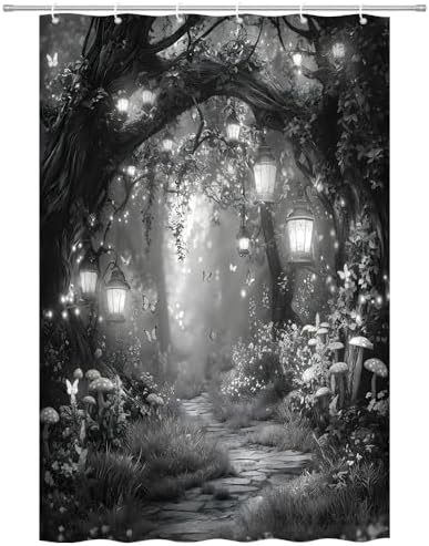 Fantasy Forest Path Shower Curtain Grey Fairy Magical Enchanted Misty Jungle Mushroom Floral Tree Butterfly Lantern Wonderland Bath Curtain Fabric Bathroom Accessories Decor with Hooks 47W x63L
