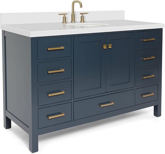 ARIEL Cambridge 54-inch Bathroom Vanity with Sink,Solid Wood, 1.5-inch Pure White Quartz Countertop & Backsplash, Single Oval Porcelain Sink, 2 Soft Closing Doors, 9 Dovetail Drawers, Midnight Blue