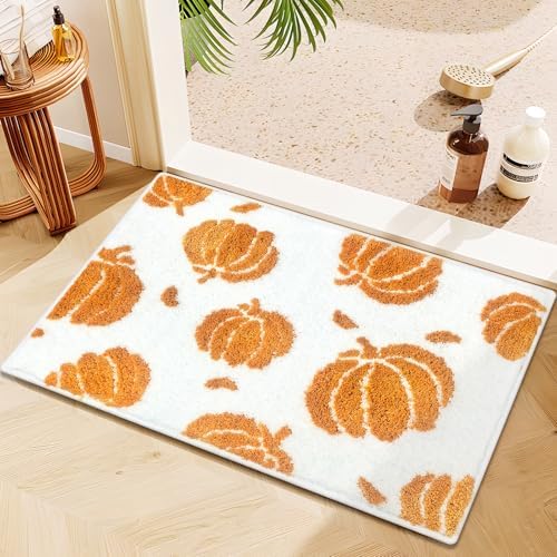APROPHIC Fall Pumpkin Bath Mats for Bathroom, Thanksgving Super Absorbent Non-Slip Microfiber Shaggy Bath Rugs, Autumn Bathroom Mat for Shower, Tub, Sink, Decor, Machine Washable, 17x24 in, Orange