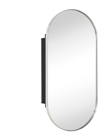 Brushed Nickel Oval Recessed Bathroom Medicine Cabinet with Mirror Stainless Steel Metal Framed Oblong Pill Shaped Bathroom Cabinet with Mirror 16x33''