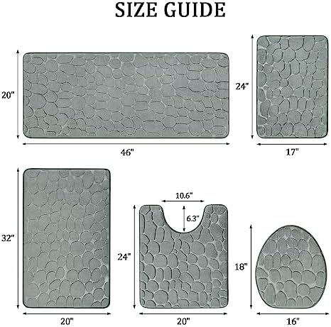 YIHOUSE Bathroom Rugs Mat Set, Memory Foam Bath Mat 5 Piece Gray