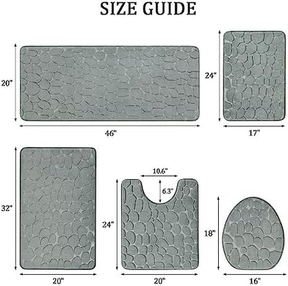 YIHOUSE Bathroom Rugs Mat Set, Memory Foam Bath Mat 5 Piece Gray