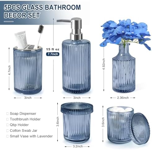Blue Bathroom Accessories 5 Pcs, Glass Bathroom Accessory Set, Vintage Blue Bathroom Set, Royal Soap Dispenser and Toothbrush Holder Set, Qtip Holder, Small Flower Vase, Modern Bathroom Decor