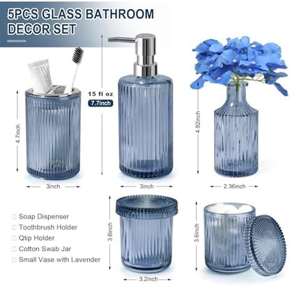 Blue Bathroom Accessories 5 Pcs, Glass Bathroom Accessory Set, Vintage Blue Bathroom Set, Royal Soap Dispenser and Toothbrush Holder Set, Qtip Holder, Small Flower Vase, Modern Bathroom Decor