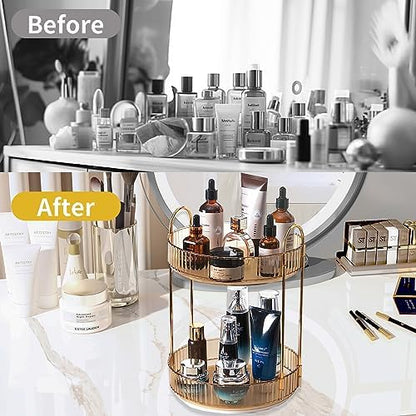 Asayuee 360 Rotating Gold Makeup Organizer,2 Tier Large Capacity Rotating Makeup Organizer,SkincarePerfume Organizer,Bathroom Cosmetics Storage Organizer Countertop (Gold-2 Tier)