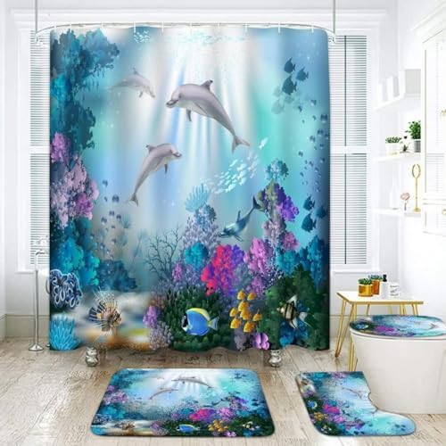 Yddsky 4Pcs Sea Dolphin Bathroom Shower Curtain Sets for Bathtub,72x72 Inch
