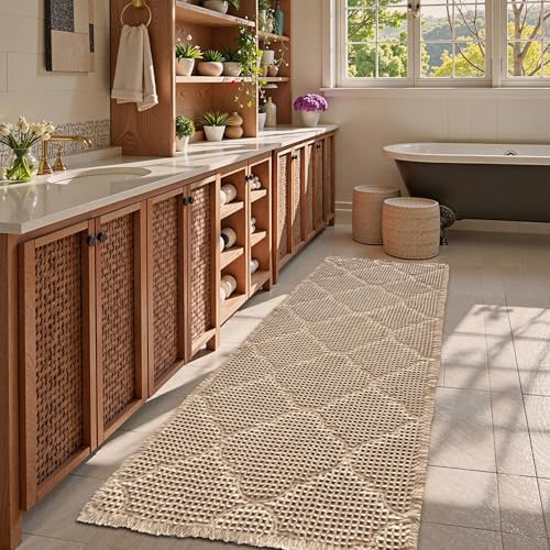 ZALL Tan Waffle Bath Mat,Super Absorbent Non Slip Bathroom Rug,Brown 24X72 inch, Geometric Diamond Machine Washable Ultra Soft Floor Mats