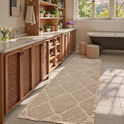 ZALL Tan Waffle Bath Mat,Super Absorbent Non Slip Bathroom Rug,Brown 24X72 inch, Geometric Diamond Machine Washable Ultra Soft Floor Mats