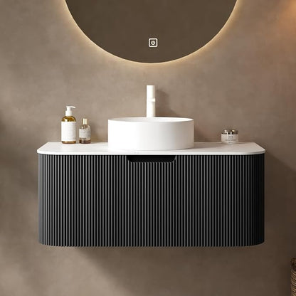 36'' Bathroom Vanities Cabinet with Sink Combo, Wall Mounted Floating Cabinet W/Curved Edges Stripes, Oak Plywood, Soft-Close System with a Drawer, White Round Ceramic Basin - Kiel, Black