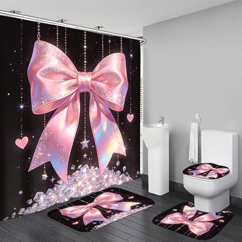 AZHM 4pcs Diamond Bow Bathroom Shower Curtain Set with Rugs and Accessories