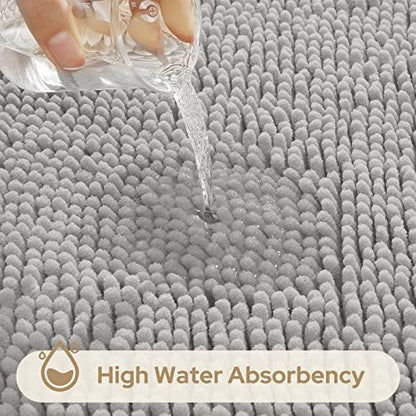 HOMEIDEAS Light Grey Chenille Bathroom Rugs Set of 3, Non Slip Bath Mat