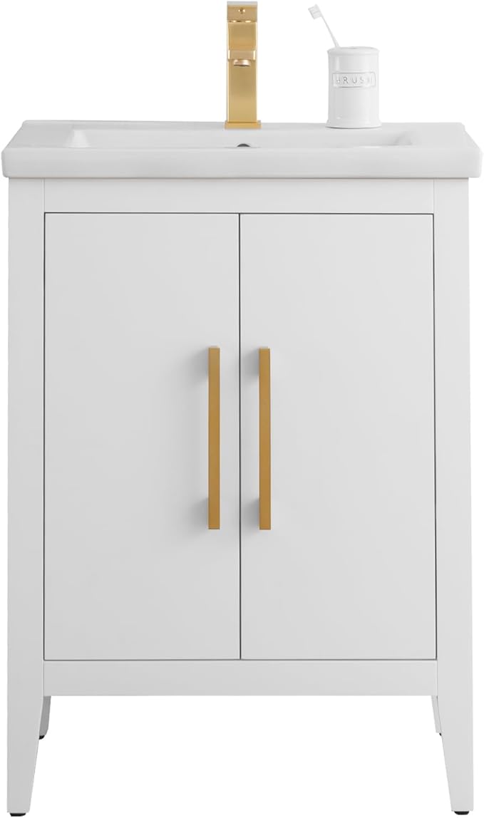 Vanity Art 24 inch Bathroom Vanity with Single Sink & Ceramic Top, Vanity Cabinet with Soft-Closing Doors, Solid Wood Frame, White, VA9024-W-GB1