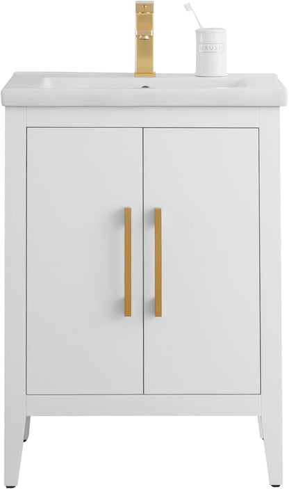 Vanity Art 24 inch Bathroom Vanity with Single Sink & Ceramic Top, Vanity Cabinet with Soft-Closing Doors, Solid Wood Frame, White, VA9024-W-GB1