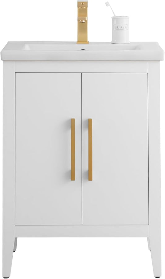 Vanity Art 24 inch Bathroom Vanity with Single Sink & Ceramic Top, Vanity Cabinet with Soft-Closing Doors, Solid Wood Frame, White, VA9024-W-GB1