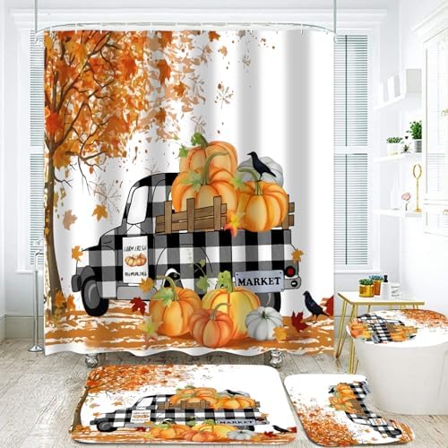Yddsky Fall Maple Pumpkin Shower Curtain Sets with Rug Lid Cover and Mat