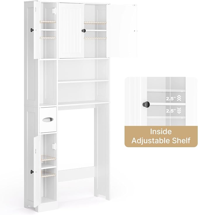 Ahomly Over The Toilet Storage Cabinet, with Five Doors, White | Over Toilet Bathroom Organizer with Adjustable Shelves, Above Toilet Storage Cabinet for Bathroom, Restroom, Laundry