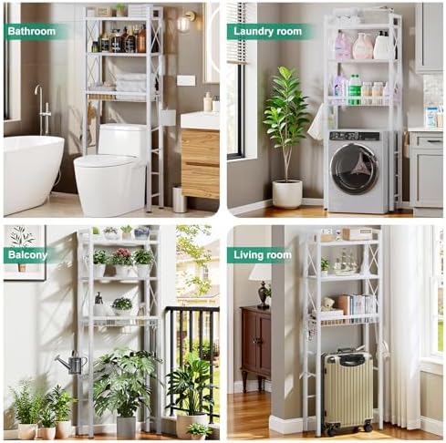 Kalrin Over The Toilet Storage with X Shape Side Guardrail, 3-Tier Over Toilet Storage Rack with Drain Basket, Freestanding Bathroom Organizer for Balcony Laundry, Pure White