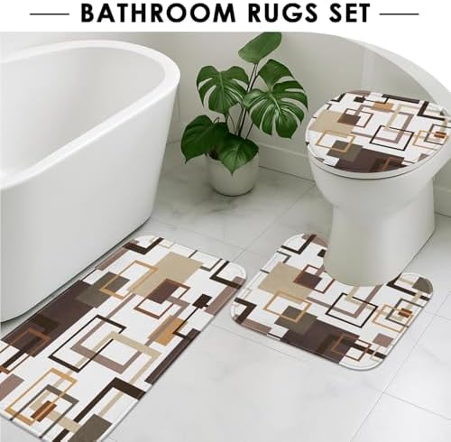 Bathroom Sets with Shower Curtain and Rugs, 4 Pcs, Geometric Brown