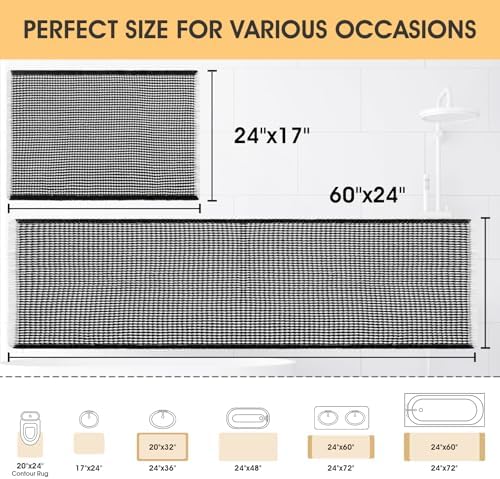 IM HOME Waffle Bath Mat Set Black & Cream 2 Piece,Woven Modern Bath Rug Mats, Absorbent Non Slip Bath Floor Mat, Soft Washable Boho Bath Rugs with Tassels for Bathroom, Bedroom, Kitchen