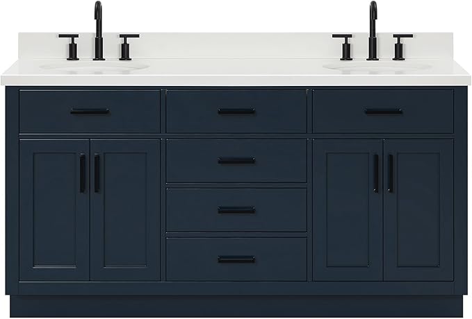 ARIEL Hepburn 66-inch Bathroom Vanity with Sink,Solid Wood, 1.5-inch Pure White Quartz Countertop & Backsplash, Double Oval Porcelain Sink, 4 Soft Closing Doors, 6 Dovetail Drawers, Midnight Blue