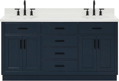 ARIEL Hepburn 66-inch Bathroom Vanity with Sink,Solid Wood, 1.5-inch Pure White Quartz Countertop & Backsplash, Double Oval Porcelain Sink, 4 Soft Closing Doors, 6 Dovetail Drawers, Midnight Blue