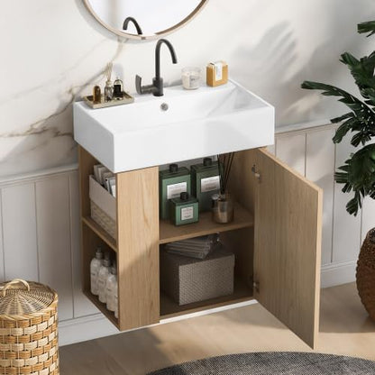 BNSPLY 22 Inch Floating Bathroom Vanity with Sink, Wall Mounted Bathroom Vanity Cabinet with Ceramic Sink, Modern Single Basin Vanities, Small Restroom Basin Cabinet with Left Side Storage, Wood