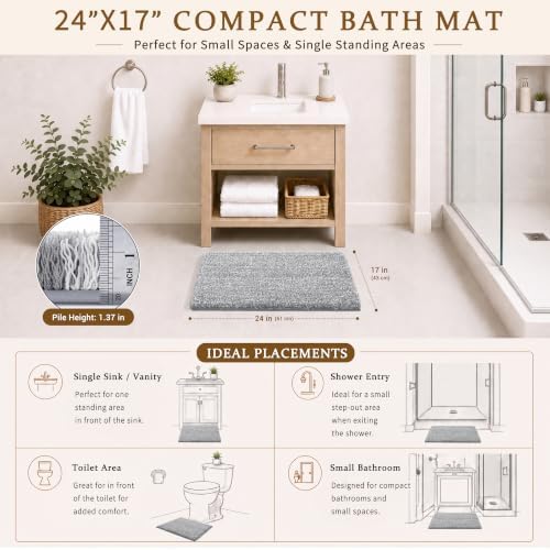 Yimobra Bathroom Rugs Non Slip Washable, Ultra Soft and Water Absorbent Bath Mats, Fluffy Shower Mat Outside, Plush Matts for Bathroom Floor/Sink, 24X17, Home Decor Accessories, Light Gray and White