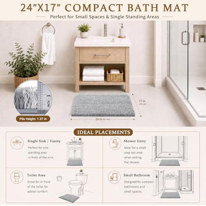 Yimobra Bathroom Rugs Non Slip Washable, Ultra Soft and Water Absorbent Bath Mats, Fluffy Shower Mat Outside, Plush Matts for Bathroom Floor/Sink, 24X17, Home Decor Accessories, Light Gray and White
