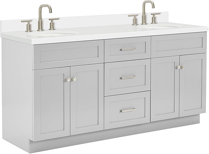 ARIEL Hamlet 72-inch Bathroom Vanity with Sink,Solid Wood, 1.5-inch Pure White Quartz Countertop & Backsplash, Double Oval Porcelain Sink, 4 Soft Closing Doors, 3 Dovetail Drawers, Grey