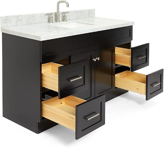 DKB Bradford 54" Black Single Bathroom Vanity with Sink, 1.5" Italian Carrara Marble Countertop, Rectangular Undermount Sink, 2 Soft Closing Doors, 4 Dovetail Drawers
