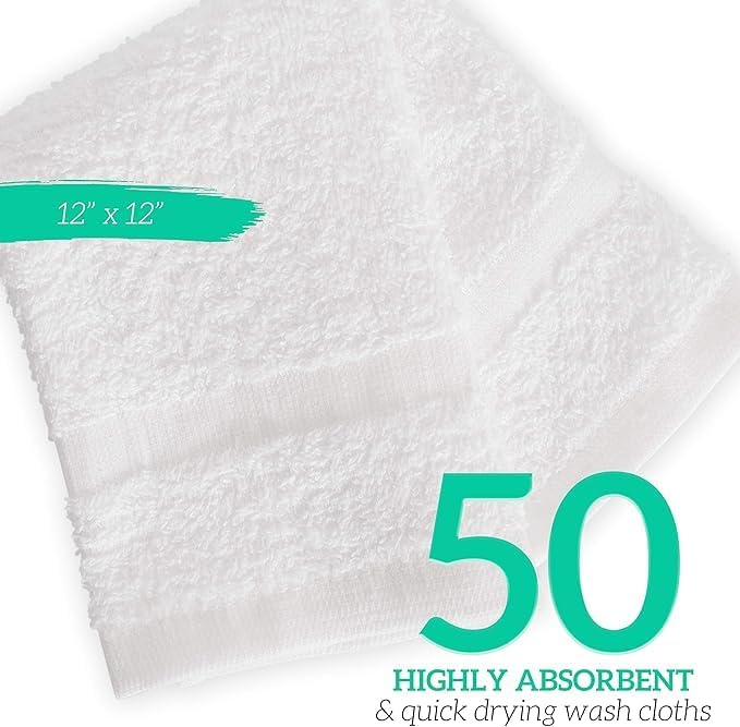 GREEN LIFESTYLE Washcloths 12" x 12" 50 Pack - 100% Cotton Wash Cloths, Bulk Washcloths, Face Towels Cotton, Soft Absorbent Bath Washcloths for Body, Face and Bathroom Use (White)