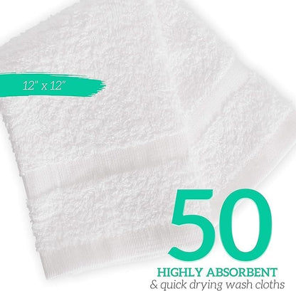 GREEN LIFESTYLE Washcloths 12" x 12" 50 Pack - 100% Cotton Wash Cloths, Bulk Washcloths, Face Towels Cotton, Soft Absorbent Bath Washcloths for Body, Face and Bathroom Use (White)