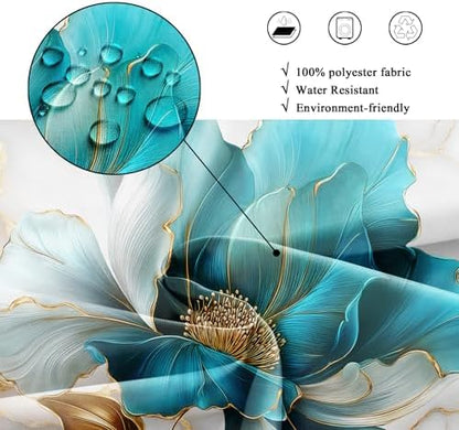 Riyidecor Teal Gold Marble Floral Shower Curtain for Bathroom Decor 60Wx72H Modern Turquoise Ombre Flower Abstract Luxury Minimalist Art Printed Fabric Polyester Waterproof 12 Pack Plastic Hooks