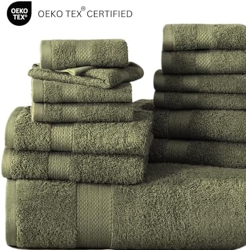 LANE LINEN Large Bath Towel Set Absorbent Quick Dry 100% Cotton - Oil Green