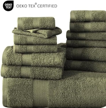LANE LINEN Large Bath Towel Set Absorbent Quick Dry 100% Cotton - Oil Green