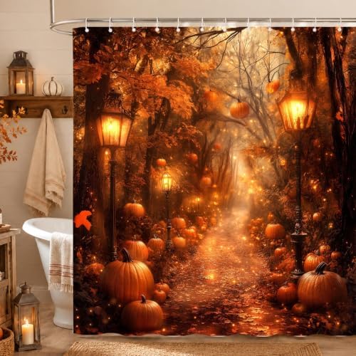 Fall Shower Curtain, Autumn Pumpkin Forest Path Bathroom Curtain, Maple Leaves Harvest Thanksgiving Farmhouse Waterproof Polyester Fabric with Hooks 72x72 Inch