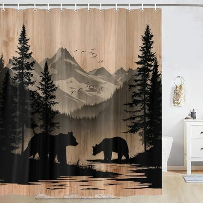 Rustic Cabin Shower Curtain, Mens Outdoor Bear Forest Wildlife Country Farmhouse Bath Curtains, Hunting Camping Camper RV Waterproof Fabric Bathroom Decor Accessories Set with Hooks,70X85IN