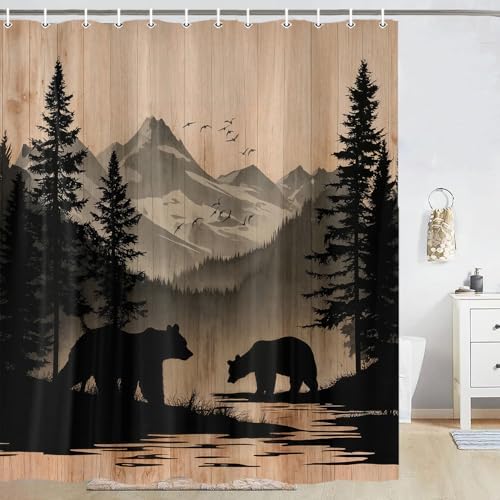 Rustic Cabin Shower Curtain, Mens Outdoor Bear Forest Wildlife Country Farmhouse Bath Curtains, Hunting Camping Camper RV Waterproof Fabric Bathroom Decor Accessories Set with Hooks,70X75IN