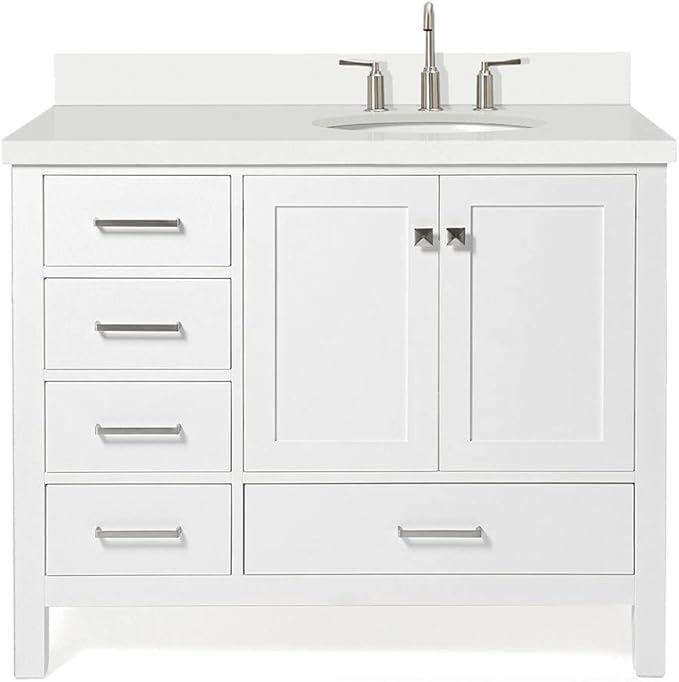 ARIEL Cambridge 42-inch Bathroom Vanity with Sink,Solid Wood, 1.5-inch Pure White Quartz Countertop & Backsplash, Single Oval Porcelain Sink, 2 Soft Closing Doors, 5 Dovetail Drawers, White